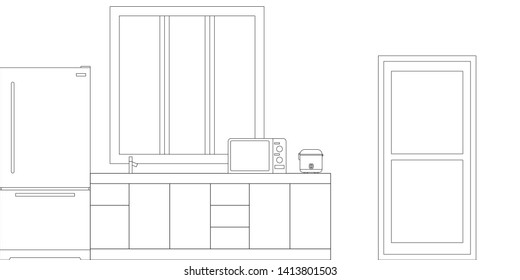 Kitchen Interior Design in Modern Style, Vector