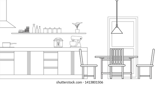 Kitchen Interior Design in Modern Style, Vector