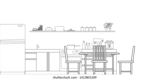 Kitchen Interior Design in Modern Style, Vector