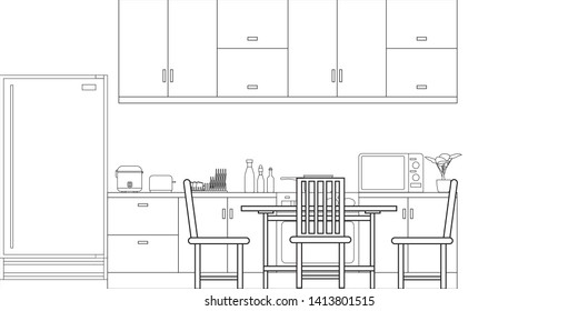 Kitchen Interior Design in Modern Style, Vector