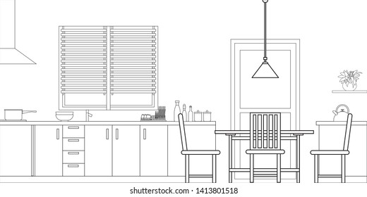 Kitchen Interior Design in Modern Style, Vector