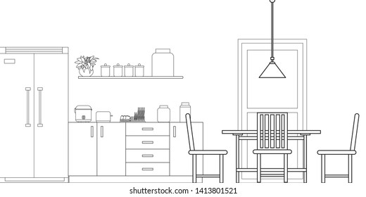 Kitchen Interior Design in Modern Style, Vector