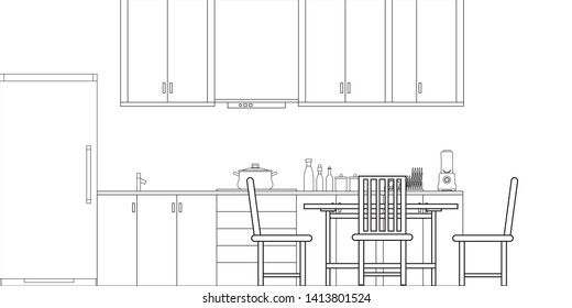 Kitchen Interior Design in Modern Style, Vector