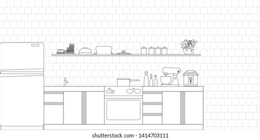 Kitchen Interior Design in Modern Style, Vector