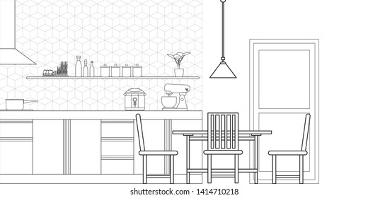 Kitchen Interior Design in Modern Style, Vector