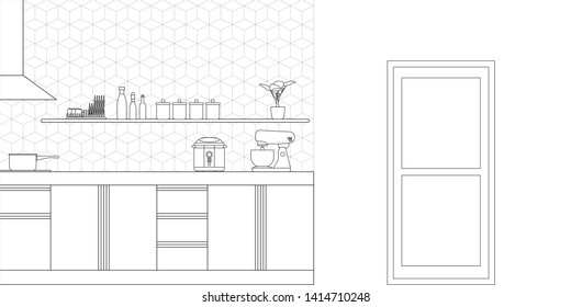 Kitchen Interior Design in Modern Style, Vector