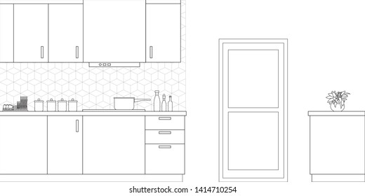 Kitchen Interior Design in Modern Style, Vector