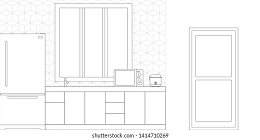 Kitchen Interior Design in Modern Style, Vector