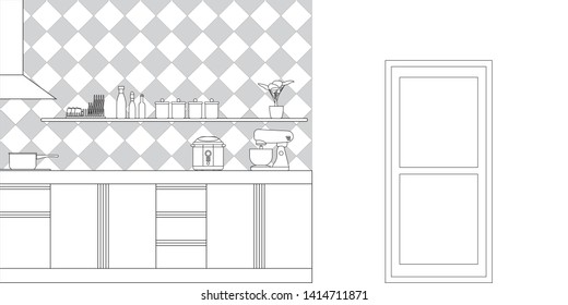 Kitchen Interior Design in Modern Style, Vector