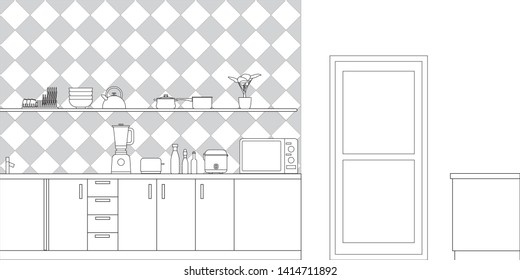 Kitchen Interior Design in Modern Style, Vector