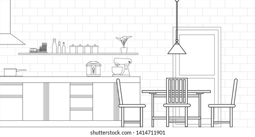 Kitchen Interior Design in Modern Style, Vector