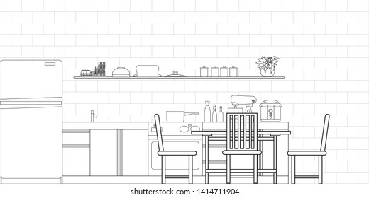 Kitchen Interior Design in Modern Style, Vector