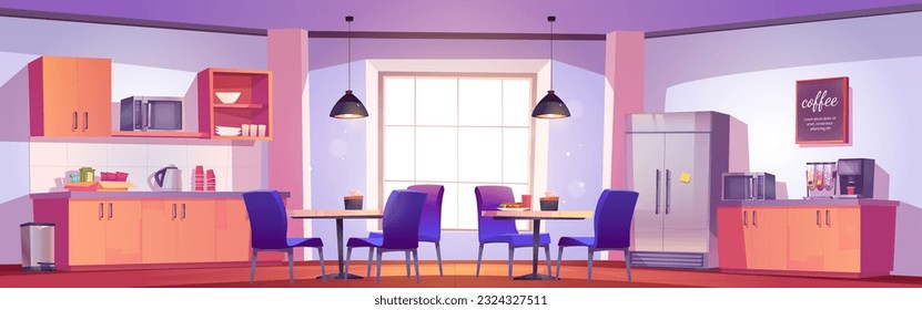 Kitchen interior design in office for lunch background. Break room from work for food with chair, table, microwave and fridge. Indoor informal lounge area in company for eating candy or sandwich.