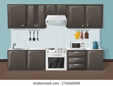 Kücheninnendesign. Zimmer mit Kühlschrank, Backofen, Mikrowelle, Spülbecken und Wasserkocher. Möbel aus Karton. Vektorillustration 