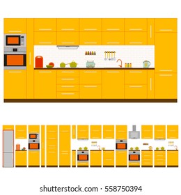 Kitchen interior design set. Front view. Vector illustration.