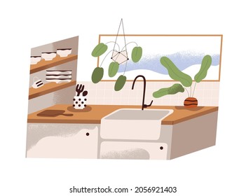 Kitchen interior design with sink and faucet, clean kitchenware and utensil, window and plants. Modern home with wood furniture and houseplants. Flat vector illustration isolated on white background