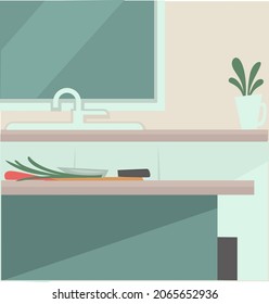 Kitchen interior design, sink with tap, counters with herb growing in pot. Cooking at home, preparing food from vegetables, dinner or breakfast. Window with view outside. Vector in flat style