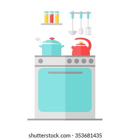 Kitchen interior design. Stove with kettle and pan. Isolated kitchen furniture on white background. Spices and kitchenware. Cooking dinner.  Flat style vector illustration. 