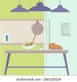 El diseño interior de la cocina incluye mesa y cubiertos, utensilios de cocina y comida. Preparando comida en casa, bol con ensalada y pan o carne en la encimera. Platos y recetas caseros. Vector de estilo plano