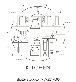 Kitchen Interior Design in Thin Line Style. Set of Kitchen Furniture, Utensils and  Appliances Outline Icons. Flat vector illustration.
