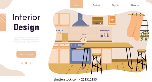 Kitchen interior design vector banner. Dining room decoration. Modern interior design service. Home renovation studio. Ad template for designing interiors online service.