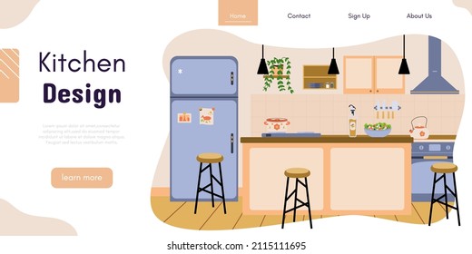 Kitchen interior design vector banner. Dining room decoration. Modern interior design service. Home renovation studio. Ad template for designing interiors online service.