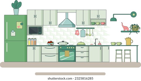 Kitchen interior and dining area. Cabinets, dishes and microwave, refrigerator and stove, bar and chairs. Vector. Flat linear illustration. For the design of flyers, brochures and furniture stores