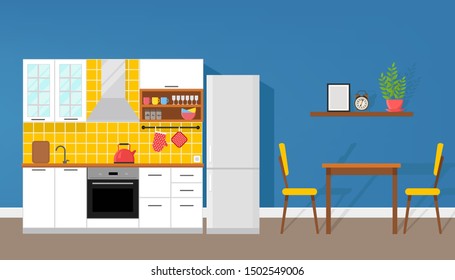 Kitchen interior with dining area, flat style, vector graphic design template