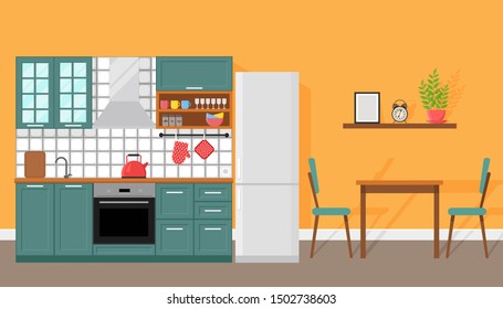 Kitchen interior with dining area, flat style, vector graphic design template