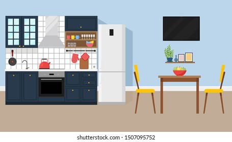 Kitchen interior with dining area, flat style, vector graphic design template