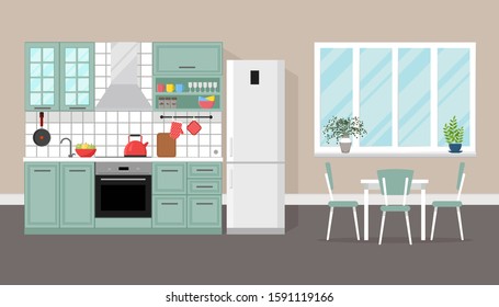 Kitchen interior with dining area, flat style, vector graphic design template