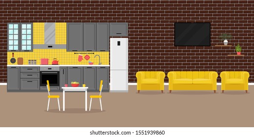 Kitchen interior with dining area and living room, kitchen studio. Flat style, vector graphic design template