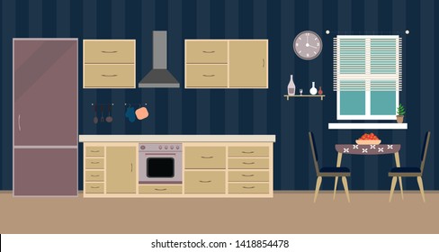 Kitchen interior, dining flat illustration with window andchair witc table  oven refrigerator table and dishes on blue trip background