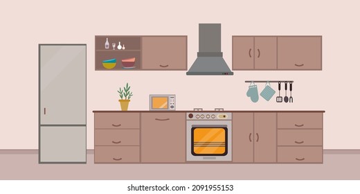 Kitchen interior, dining flat illustration with stove microwave oven refrigerator table and dishes on pink background