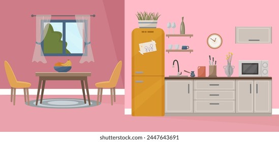 Kitchen interior with dining table, refrigerator, microwave and cabinets. Kitchen with window. Kitchen decor. Vector in flat style.