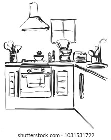 Kitchen interior drawing, vector illustration. Furniture sketch