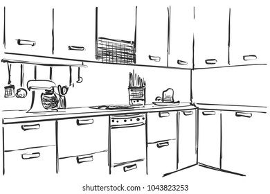 Kitchen interior drawing, vector illustration. Furniture sketch