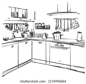 Kitchen Interior Drawing Vector Illustration Furniture Stock Vector ...