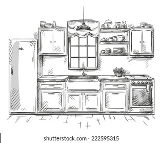 Kitchen interior drawing, vector illustration