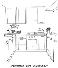 Kitchen interior drawing, vector illustration