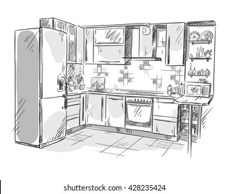 Kitchen interior drawing, vector illustration