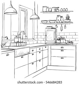 Kitchen Interior Drawing, Vector Illustration