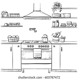 Kitchen interior drawing, vector illustration. Furniture sketch