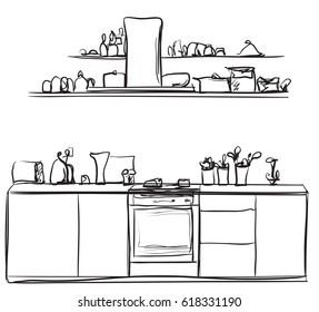 Kitchen interior drawing, vector illustration