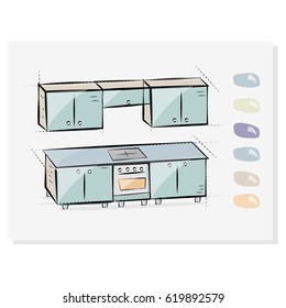 Kitchen interior drawing, vector illustration. Button choosing colors of furniture. The icon for the site.