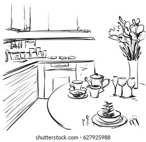 Kitchen interior drawing, vector illustration. Furniture sketch