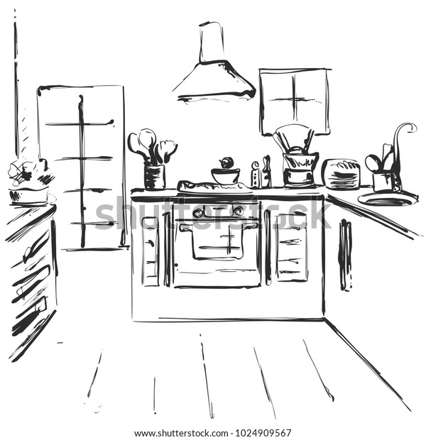 Kitchen Interior Drawing Vector Illustration Furniture Stock Vector ...