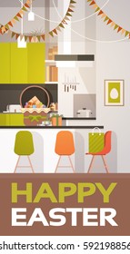 Kitchen Interior Easter Basket Decorated Colorful Eggs Holiday Symbols Greeting Card Vector Illustration