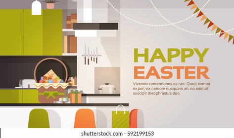 Kitchen Interior Easter Basket Decorated Colorful Eggs Holiday Symbols Greeting Card Vector Illustration