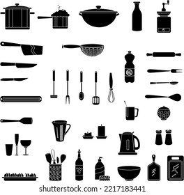 Kitchen interior elements black and white flat vector collection set